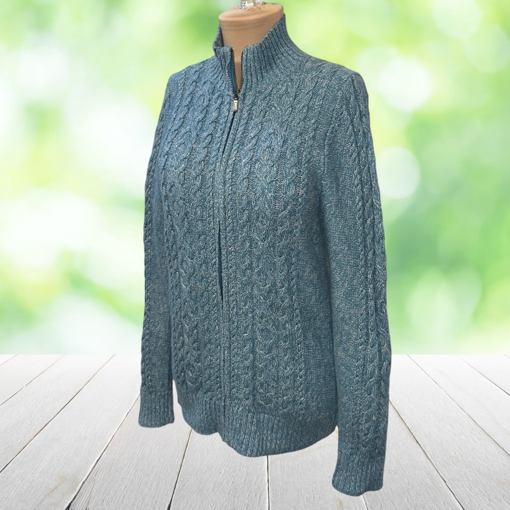 Vintage LL BEAN Cable Knit Full Zip Cardigan Sweater Mock Neck Cotton Aqua Sz M